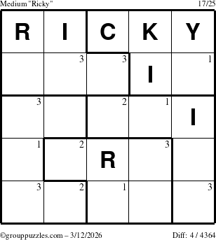 The grouppuzzles.com Medium Ricky puzzle for Thursday March 12, 2026 with the first 3 steps marked