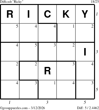 The grouppuzzles.com Difficult Ricky puzzle for Thursday March 12, 2026 with all 5 steps marked