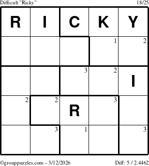 The grouppuzzles.com Difficult Ricky puzzle for Thursday March 12, 2026 with the first 3 steps marked