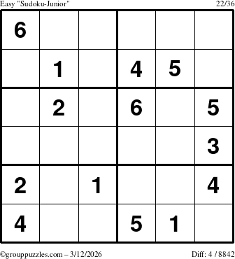 The grouppuzzles.com Easy Sudoku-Junior puzzle for Thursday March 12, 2026