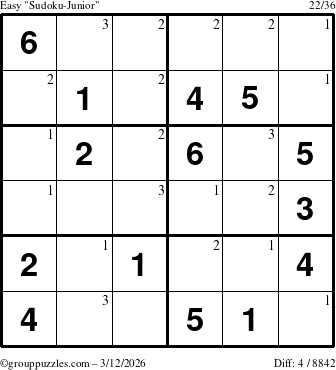 The grouppuzzles.com Easy Sudoku-Junior puzzle for Thursday March 12, 2026 with the first 3 steps marked