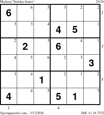 The grouppuzzles.com Medium Sudoku-Junior puzzle for Thursday March 12, 2026, suitable for printing, with all 6 steps marked