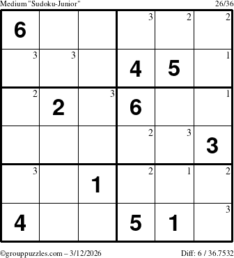 The grouppuzzles.com Medium Sudoku-Junior puzzle for Thursday March 12, 2026 with the first 3 steps marked