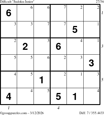 The grouppuzzles.com Difficult Sudoku-Junior puzzle for Thursday March 12, 2026, suitable for printing, with all 7 steps marked