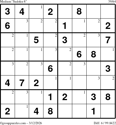 The grouppuzzles.com Medium Sudoku-8 puzzle for Thursday March 12, 2026 with the first 3 steps marked