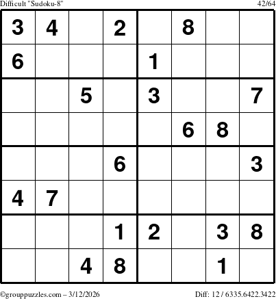 The grouppuzzles.com Difficult Sudoku-8 puzzle for Thursday March 12, 2026