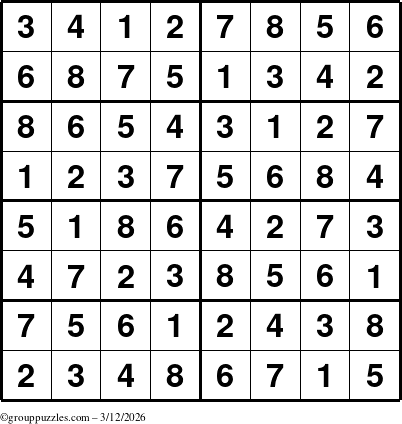 The grouppuzzles.com Answer grid for the Sudoku-8 puzzle for Thursday March 12, 2026
