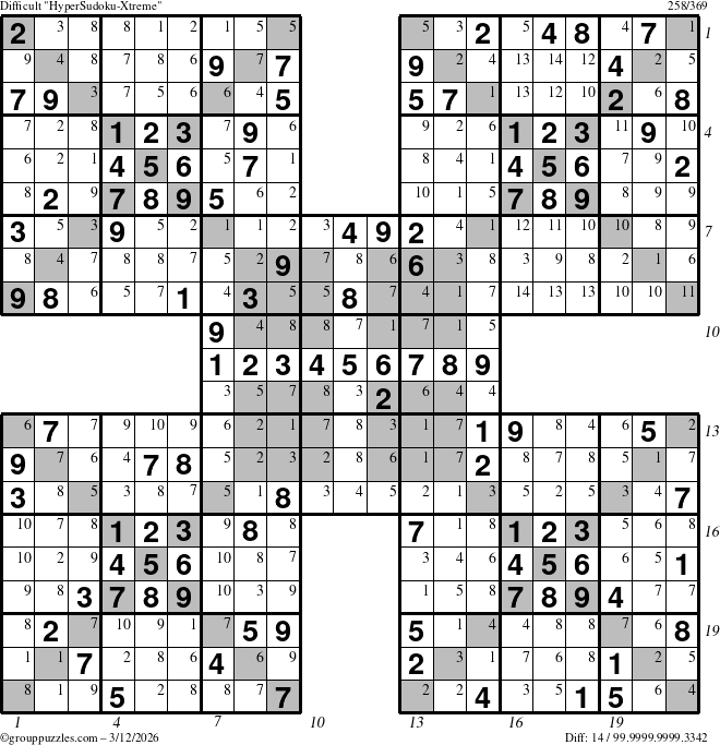 The grouppuzzles.com Difficult cover-HyperXtreme puzzle for Thursday March 12, 2026 with all 14 steps marked