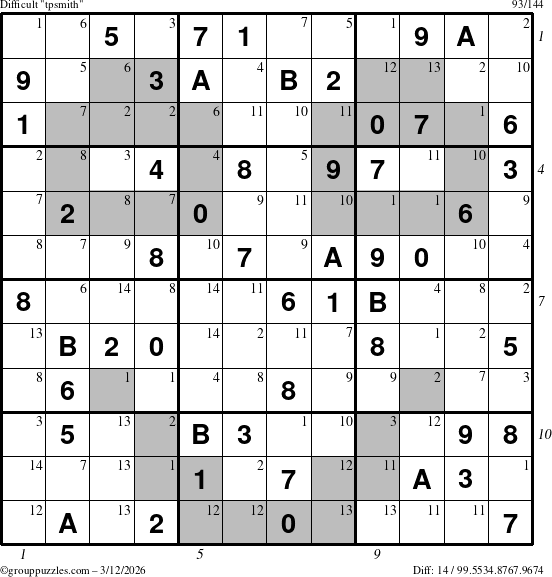 The grouppuzzles.com Difficult tpsmith puzzle for Thursday March 12, 2026 with all 14 steps marked