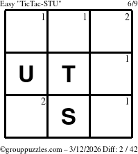 The grouppuzzles.com Easy TicTac-STU puzzle for Thursday March 12, 2026 with the first 2 steps marked