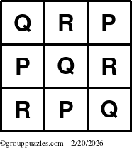The grouppuzzles.com Answer grid for the TicTac-PQR puzzle for Friday February 20, 2026