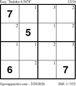 The grouppuzzles.com Easy Sudoku-4-5678 puzzle for Friday February 20, 2026 with the first 3 steps marked
