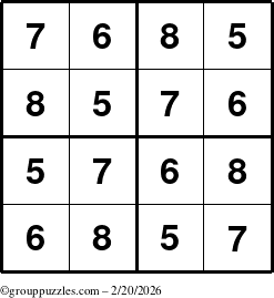 The grouppuzzles.com Answer grid for the Sudoku-4-5678 puzzle for Friday February 20, 2026