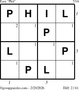 The grouppuzzles.com Easy Phil puzzle for Friday February 20, 2026 with all 2 steps marked