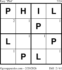 The grouppuzzles.com Easy Phil puzzle for Friday February 20, 2026 with the first 2 steps marked