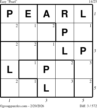 The grouppuzzles.com Easy Pearl puzzle for Friday February 20, 2026 with all 3 steps marked
