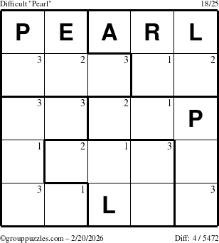 The grouppuzzles.com Difficult Pearl puzzle for Friday February 20, 2026 with the first 3 steps marked