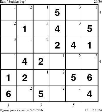 The grouppuzzles.com Easy Sudoku-6up puzzle for Friday February 20, 2026, suitable for printing, with all 3 steps marked