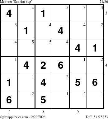 The grouppuzzles.com Medium Sudoku-6up puzzle for Friday February 20, 2026 with all 5 steps marked