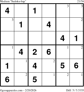 The grouppuzzles.com Medium Sudoku-6up puzzle for Friday February 20, 2026 with the first 3 steps marked