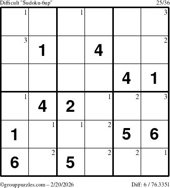 The grouppuzzles.com Difficult Sudoku-6up puzzle for Friday February 20, 2026 with the first 3 steps marked
