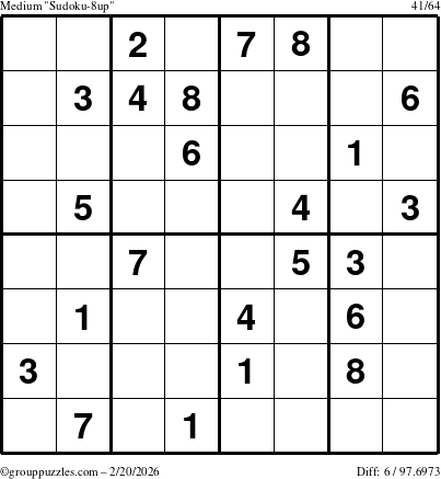 The grouppuzzles.com Medium Sudoku-8up puzzle for Friday February 20, 2026