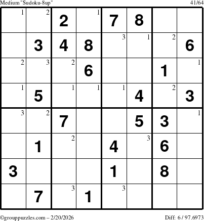 The grouppuzzles.com Medium Sudoku-8up puzzle for Friday February 20, 2026 with the first 3 steps marked