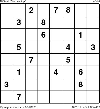 The grouppuzzles.com Difficult Sudoku-8up puzzle for Friday February 20, 2026