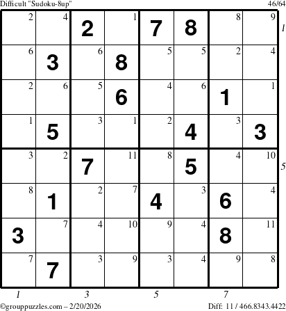 The grouppuzzles.com Difficult Sudoku-8up puzzle for Friday February 20, 2026, suitable for printing, with all 11 steps marked