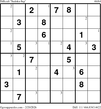 The grouppuzzles.com Difficult Sudoku-8up puzzle for Friday February 20, 2026 with the first 3 steps marked