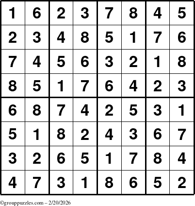 The grouppuzzles.com Answer grid for the Sudoku-8up puzzle for Friday February 20, 2026