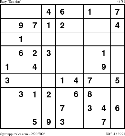 The grouppuzzles.com Easy Sudoku puzzle for Friday February 20, 2026