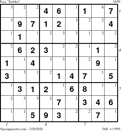 The grouppuzzles.com Easy Sudoku puzzle for Friday February 20, 2026 with all 4 steps marked