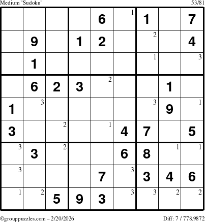 The grouppuzzles.com Medium Sudoku puzzle for Friday February 20, 2026 with the first 3 steps marked