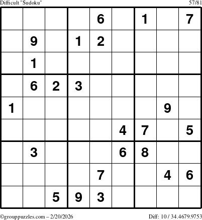 The grouppuzzles.com Difficult Sudoku puzzle for Friday February 20, 2026