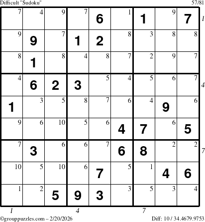 The grouppuzzles.com Difficult Sudoku puzzle for Friday February 20, 2026 with all 10 steps marked