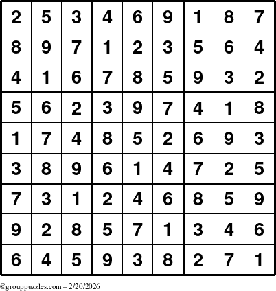 The grouppuzzles.com Answer grid for the Sudoku puzzle for Friday February 20, 2026