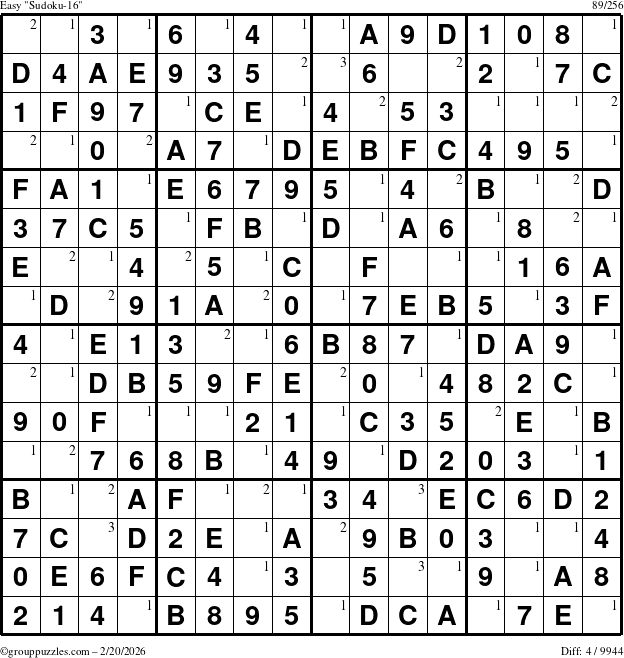 The grouppuzzles.com Easy Sudoku-16 puzzle for Friday February 20, 2026 with the first 3 steps marked