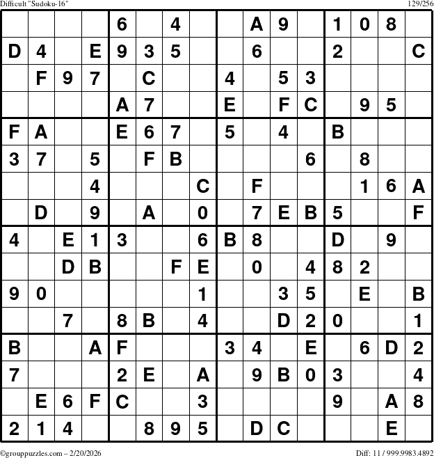 The grouppuzzles.com Difficult Sudoku-16 puzzle for Friday February 20, 2026
