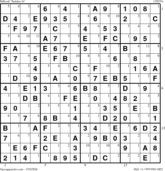 The grouppuzzles.com Difficult Sudoku-16 puzzle for Friday February 20, 2026, suitable for printing, with all 11 steps marked