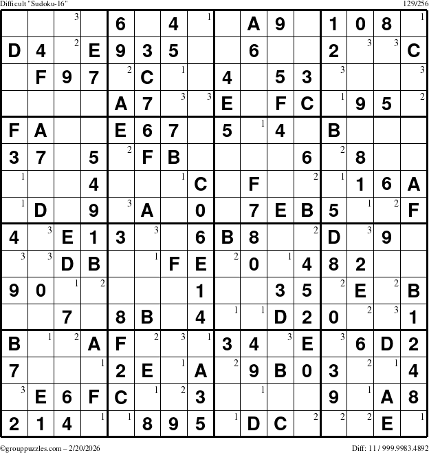 The grouppuzzles.com Difficult Sudoku-16 puzzle for Friday February 20, 2026 with the first 3 steps marked