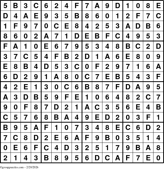 The grouppuzzles.com Answer grid for the Sudoku-16 puzzle for Friday February 20, 2026