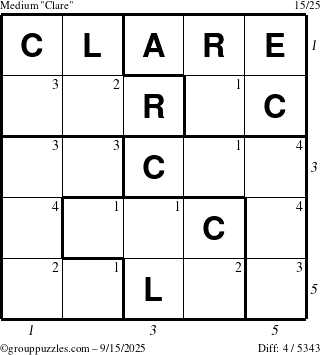 The grouppuzzles.com Medium Clare puzzle for Monday September 15, 2025, suitable for printing, with all 4 steps marked