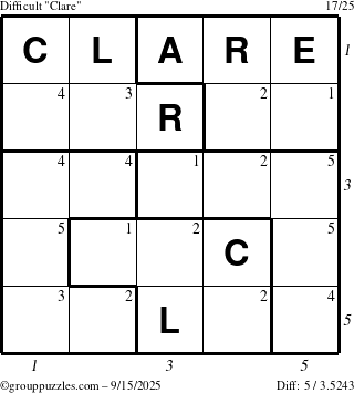 The grouppuzzles.com Difficult Clare puzzle for Monday September 15, 2025, suitable for printing, with all 5 steps marked
