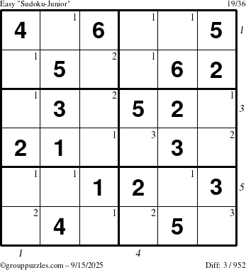 The grouppuzzles.com Easy Sudoku-Junior puzzle for Monday September 15, 2025, suitable for printing, with all 3 steps marked