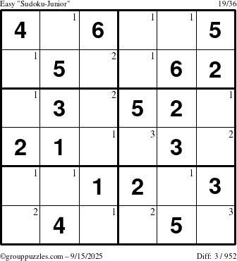 The grouppuzzles.com Easy Sudoku-Junior puzzle for Monday September 15, 2025 with the first 3 steps marked