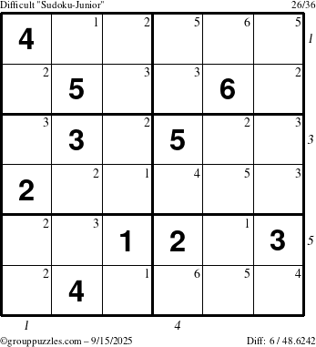 The grouppuzzles.com Difficult Sudoku-Junior puzzle for Monday September 15, 2025, suitable for printing, with all 6 steps marked