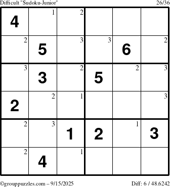 The grouppuzzles.com Difficult Sudoku-Junior puzzle for Monday September 15, 2025 with the first 3 steps marked