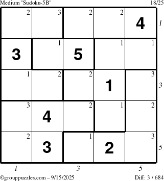 The grouppuzzles.com Medium Sudoku-5B puzzle for Monday September 15, 2025, suitable for printing, with all 3 steps marked
