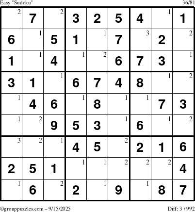 The grouppuzzles.com Easy Sudoku puzzle for Monday September 15, 2025 with the first 3 steps marked